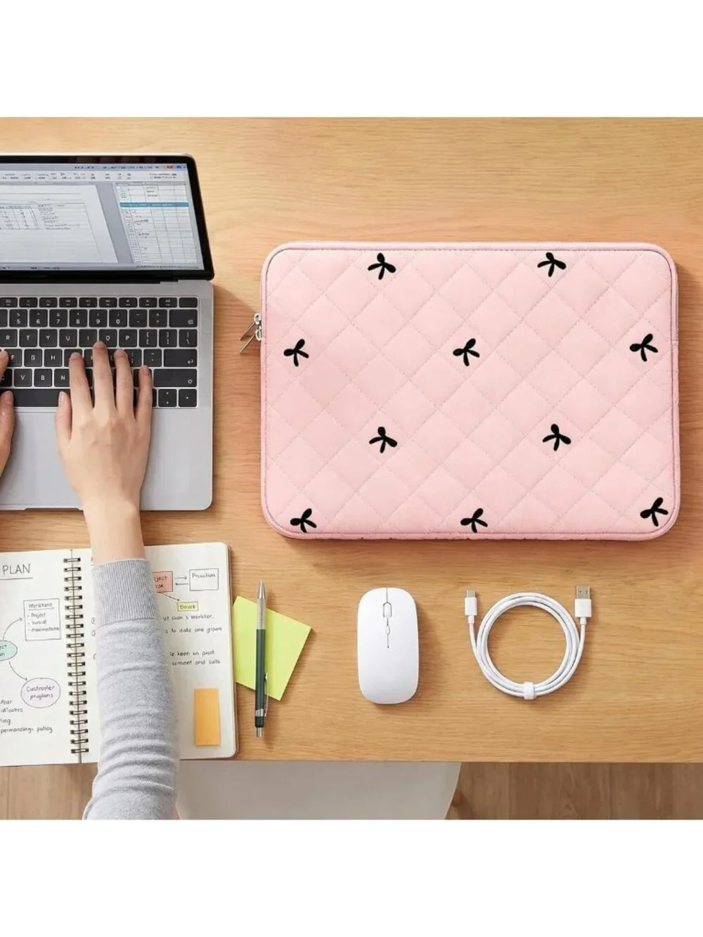 Quilted Pink Laptop Sleeve 13-14 Inch, Bow Embroidery & Pouch, Stylish